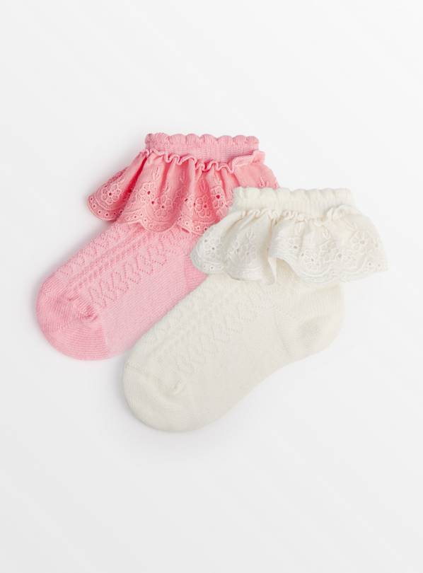 Pink & White Frill Cuff Socks 2 Pack 1-6 months